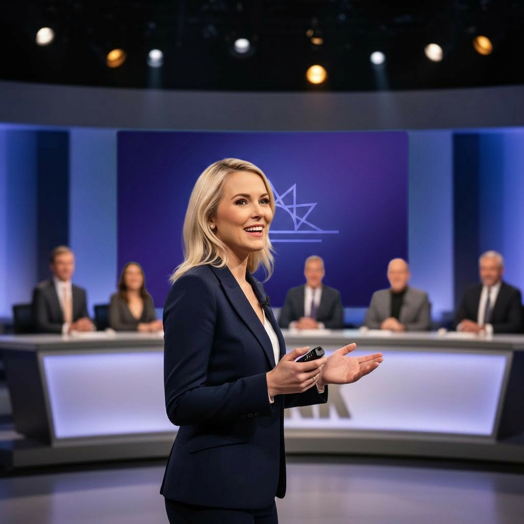 Confident founder pitching her startup to a panel of investors on a TV-style stage